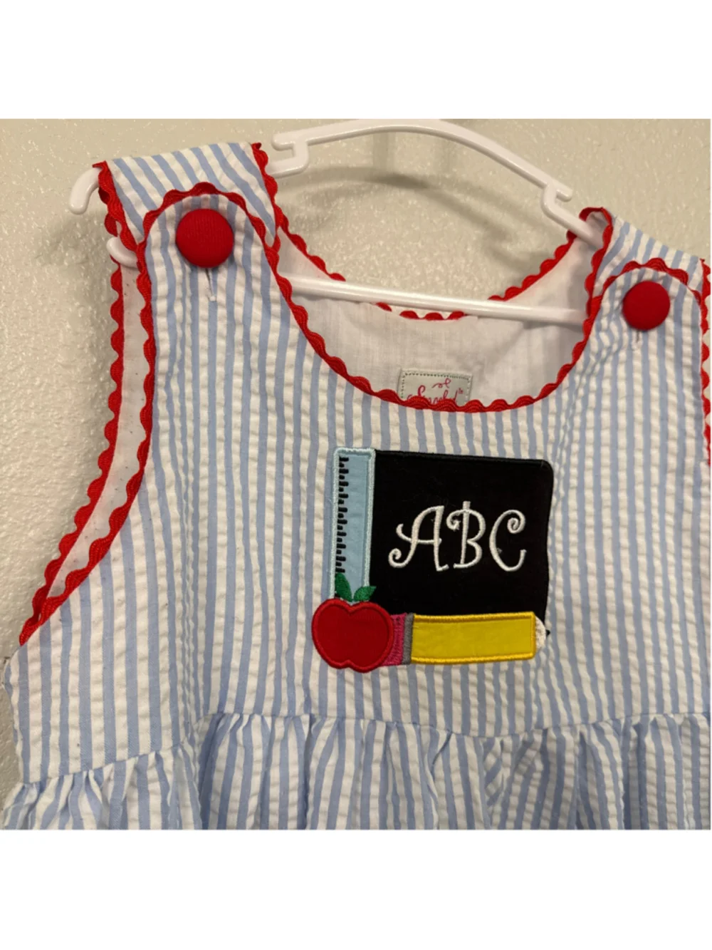 Smocked or Not Girls Blue Seersucker ABC School Dress Chalkboard Size 6